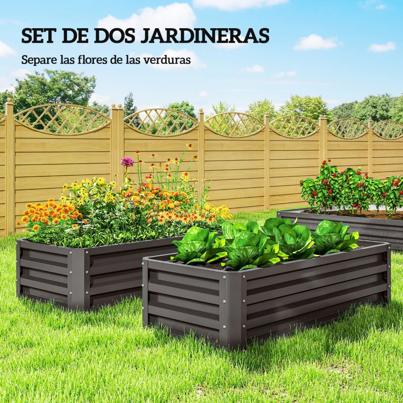 Outsunny Juego de 2 Jardineras Exterior Grandes de Acero Galvanizado Huertos Urbanos para Terraza Jardín 110x50x30 cm Gris