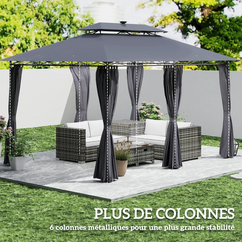 Outsunny Tonnelle de jardin extérieur barnum 3 x 4 m avec moustiquaire et lumières LED solaire, double toit, gris