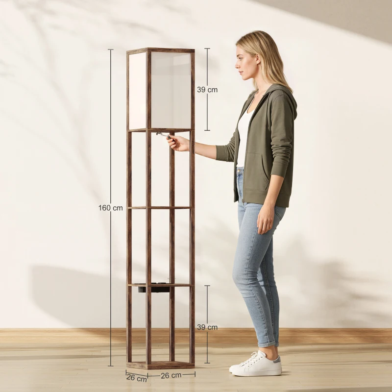 HOMCOM Stehlampe mit Ablagen, Einstellbares Licht, Fußschalter und USB-Anschlüsse, Braun