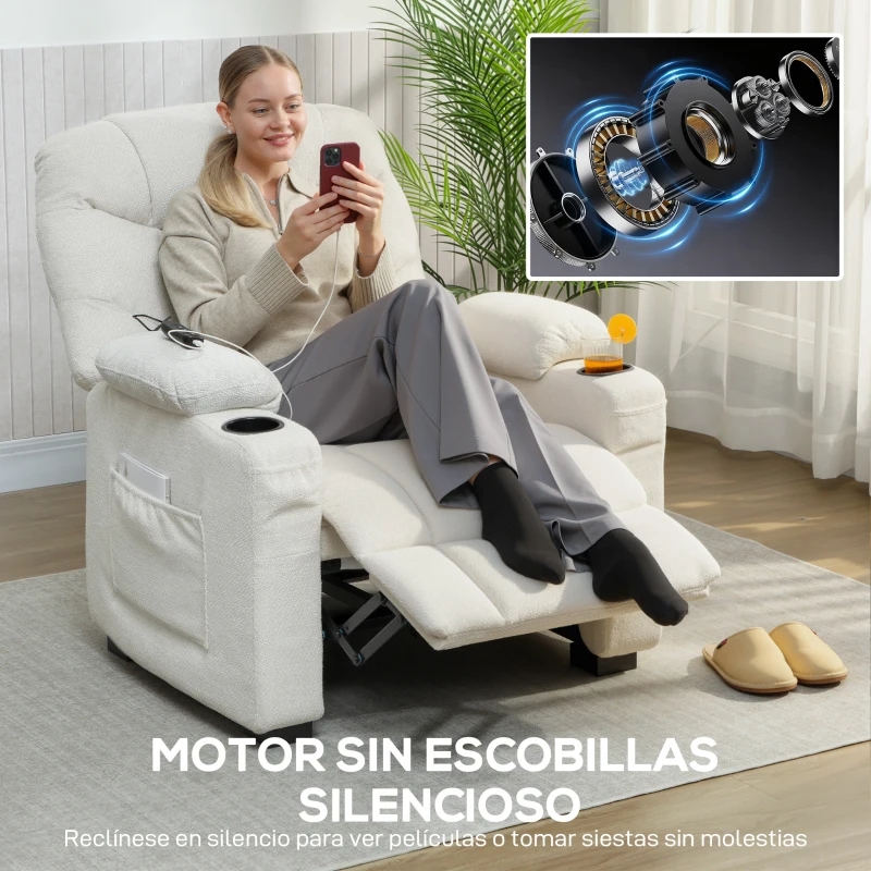 HOMCOM Sillón Relax Reclinable Eléctrico Silencioso con Función Memoria Reposapiés Mando a Distancia Bolsillos Laterales Crema