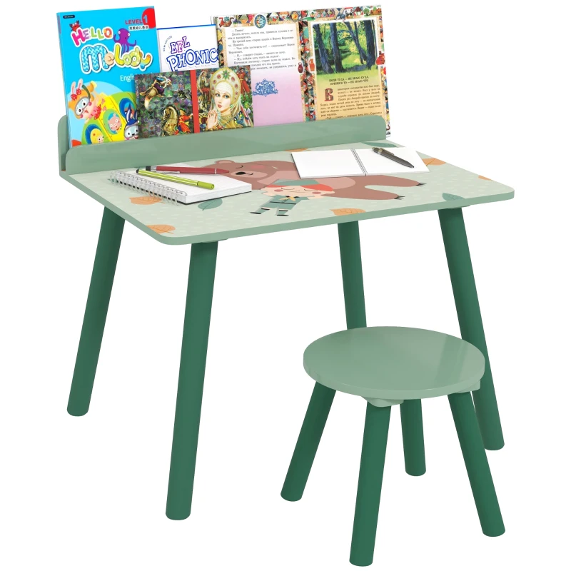 AIYAPLAY Ensemble table et chaise enfant table pour enfant avec chaise avec porte-livres motifs d'ours pour enfants 3-8 ans vert