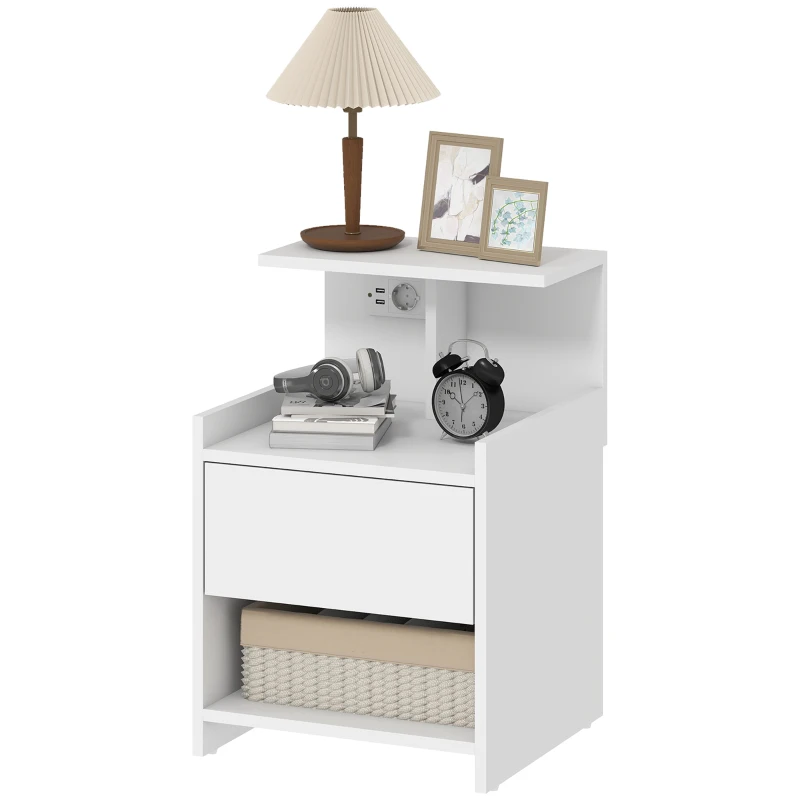 HOMCOM Mesita de Noche con Estación de Carga Puertos USB Cajón y Estantes Mesilla de Noche Dormitorio 40x40x60 cm Blanco