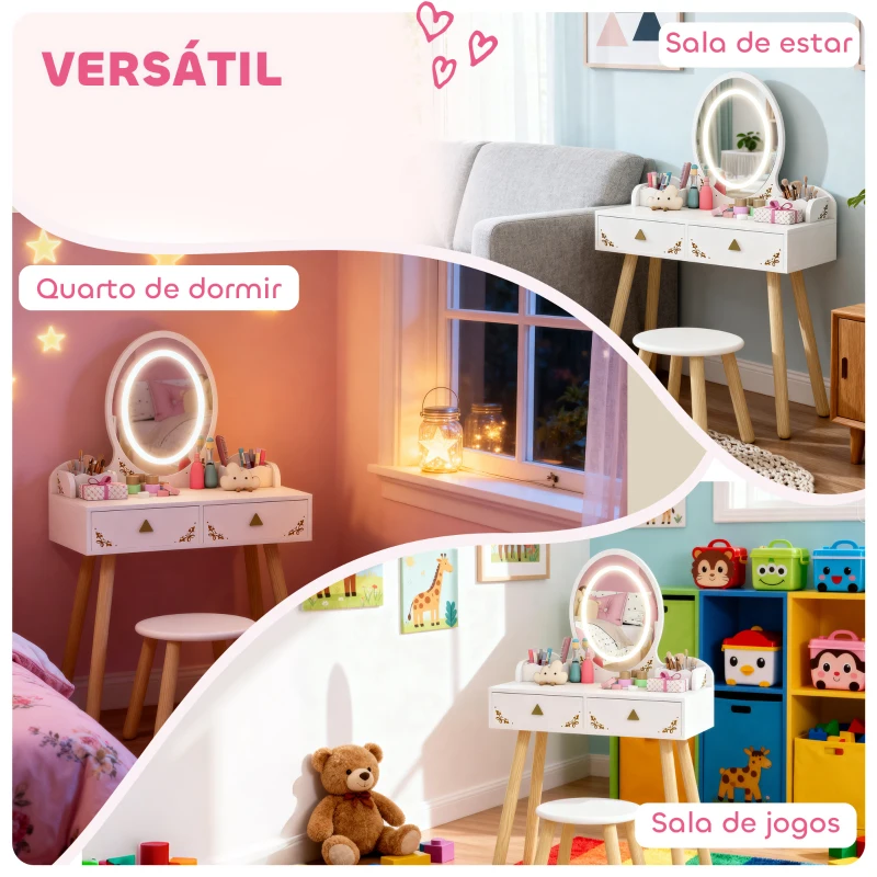 AIYAPLAY Tocador de Maquilhagem com Luzes LED de 3 Cores  Banco Espelho 2 Gavetas 2 Caixas de Armazenamento 60x30x99,3 cm Branco