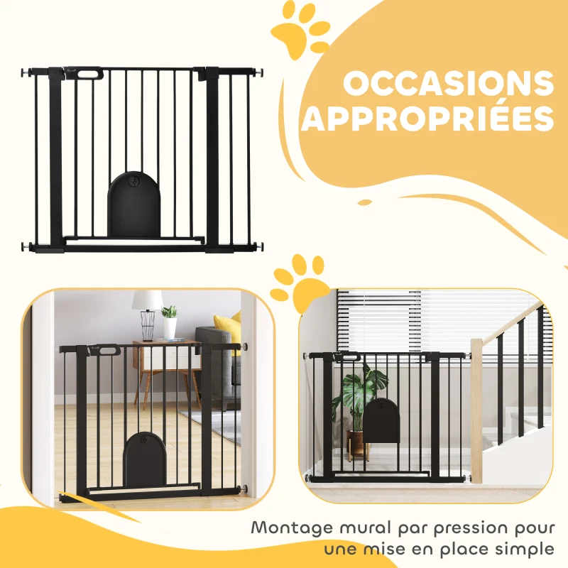 PawHut Barrière de sécurité animaux avec porte fermeture automatique système de double verrouillage, acier noir