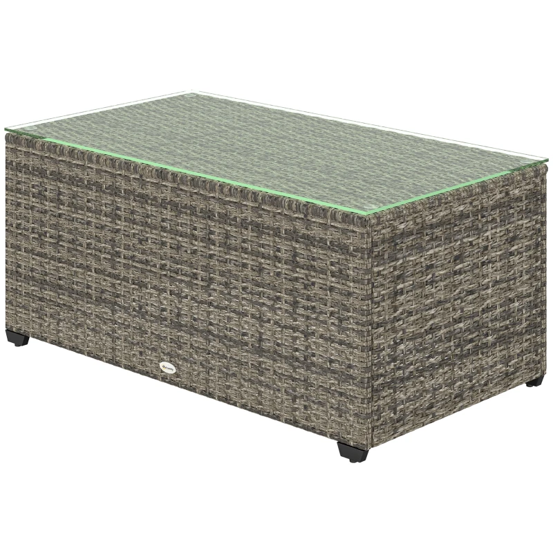 Outsunny Gartencouchtisch, Beistelltisch in geflochtener Rattan-Optik mit Sicherheitsglasplatte, 90 x 50 x 38 cm, dunkelgrau