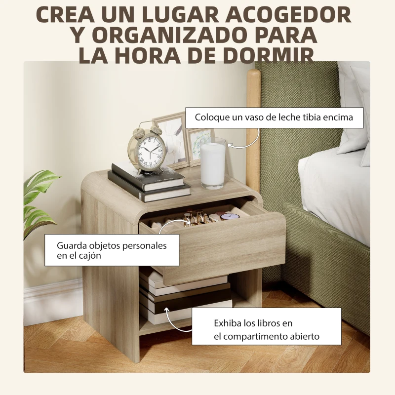 HOMCOM Juego de 2 Mesitas de Noche Nórdicas con Esquinas Redondeadas Cajón y Estante Abierto 40x35x45 cm Natural