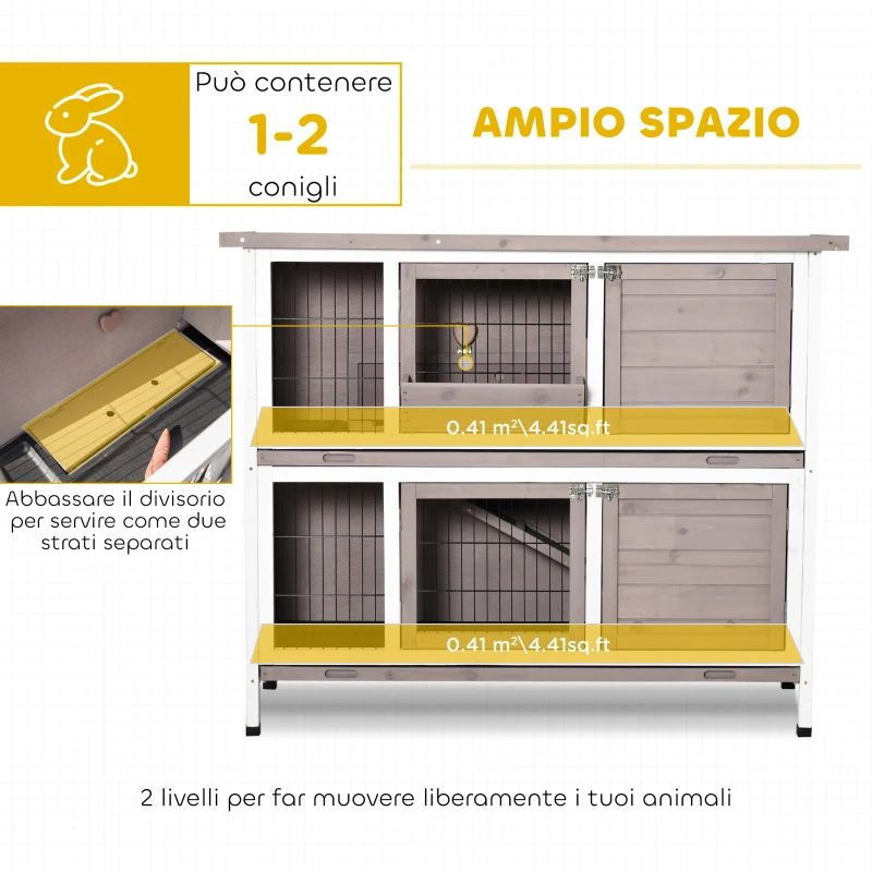 PawHut Conigliera in Legno a 2 livelli con Tetto Apribile, Mangiatoia e Vassoi Estraibili, 122x50x101 cm, Marrone