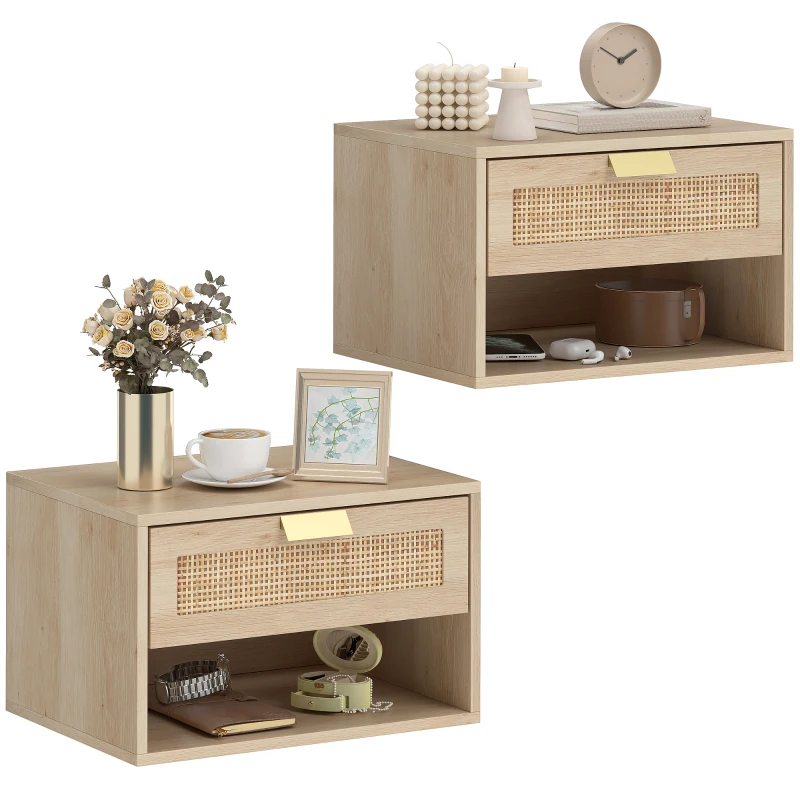 HOMCOM Set de 2 Noptiere Suspendate cu Sertar din Ratan Raft Deschis Economisire Spațiu 40x30x25 cm Stejar