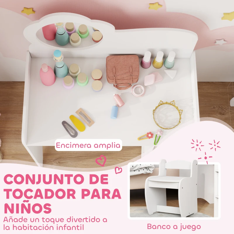 AIYAPLAY Tocador de Maquillaje Niña 2 en 1 Escritorio con Taburete Espejo Estantes Abiertos para Niños +3 Años Blanco