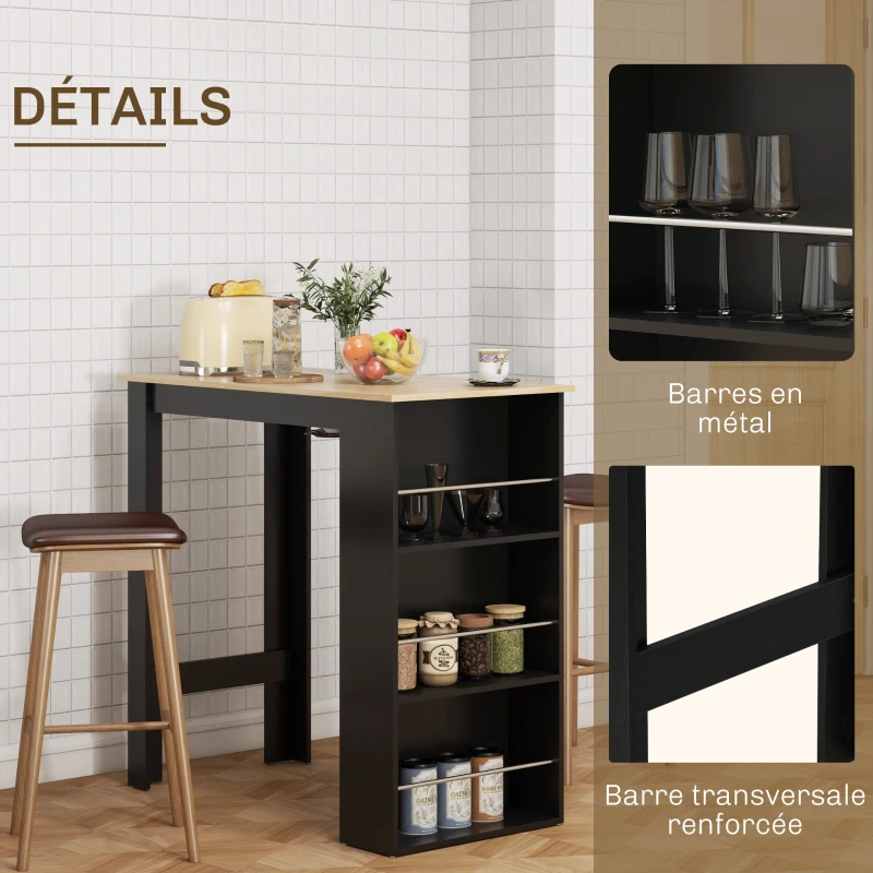 HOMCOM Table de bar table haute de cuisine mange-debout comptoir - dim. 112L x 57l x 106H cm - 3 étagères - noir