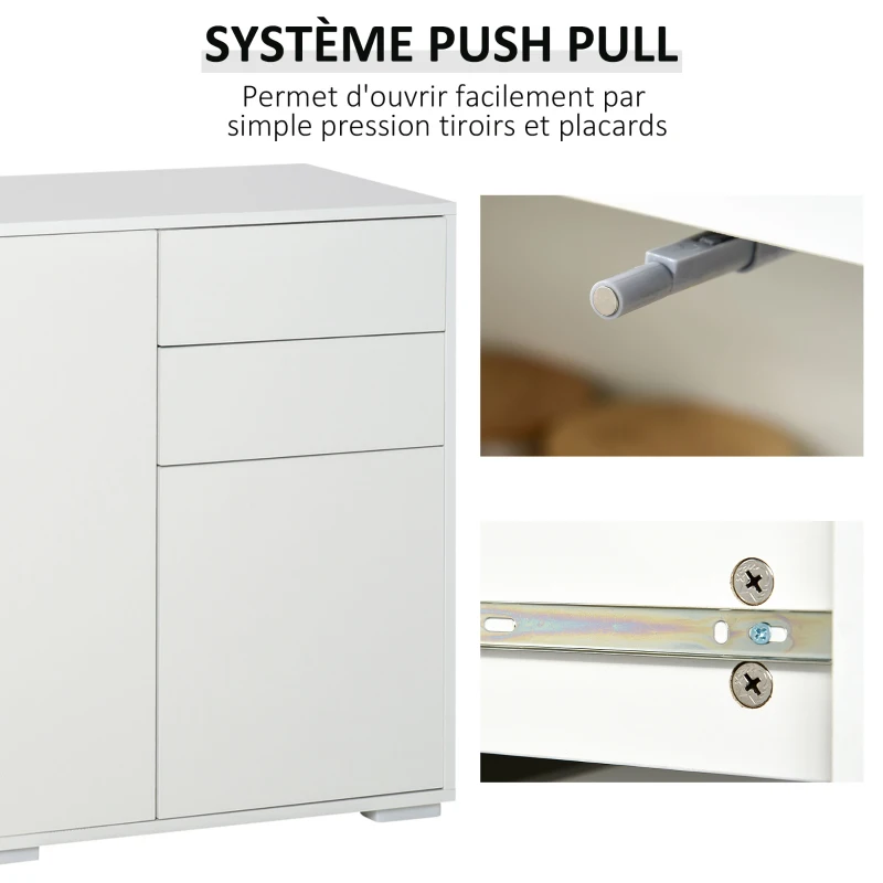 HOMCOM Buffet meuble de rangement 2 tiroirs coulissants 3 portes étagère réglable panneaux de particules 117 x 36 x 74 cm blanc