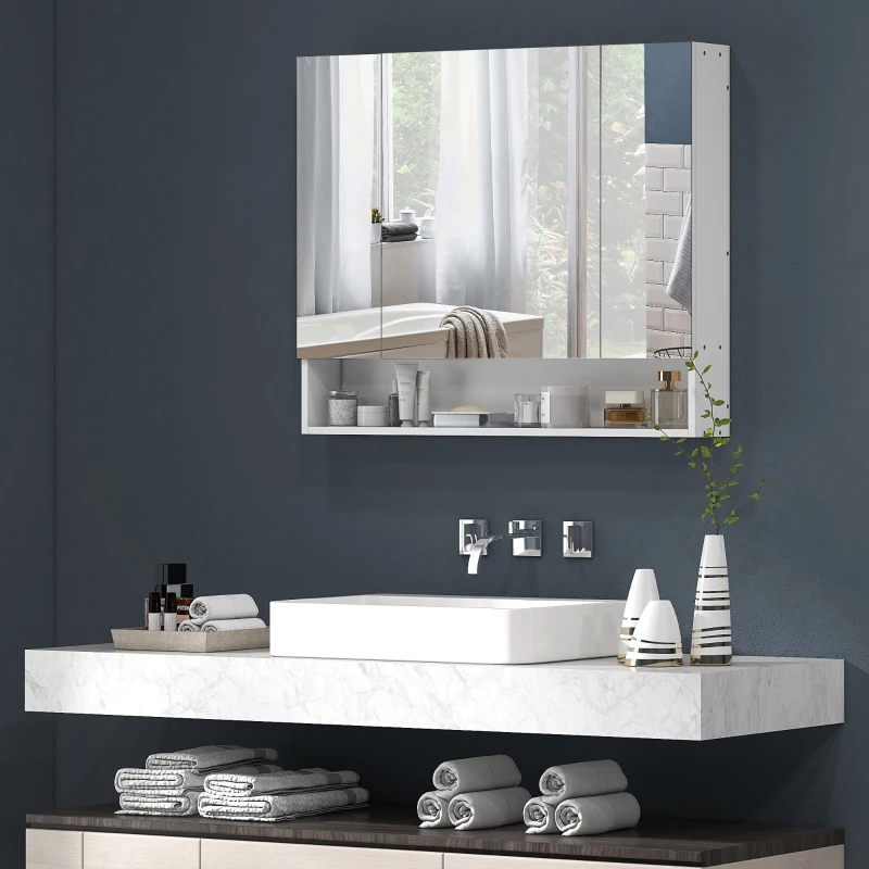 kleankin Armoire murale salle de bain avec miroir, armoire de toilette 3 portes miroir, étagères réglables, 90x15x75cm, blanc