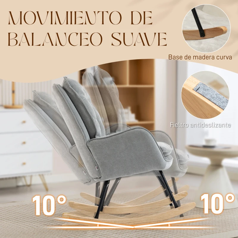 HOMCOM Silla Mecedora con Patas de Madera de Haya y Reposabrazos Mecedora para Lactancia Carga 120 kg para Dormitorio Gris