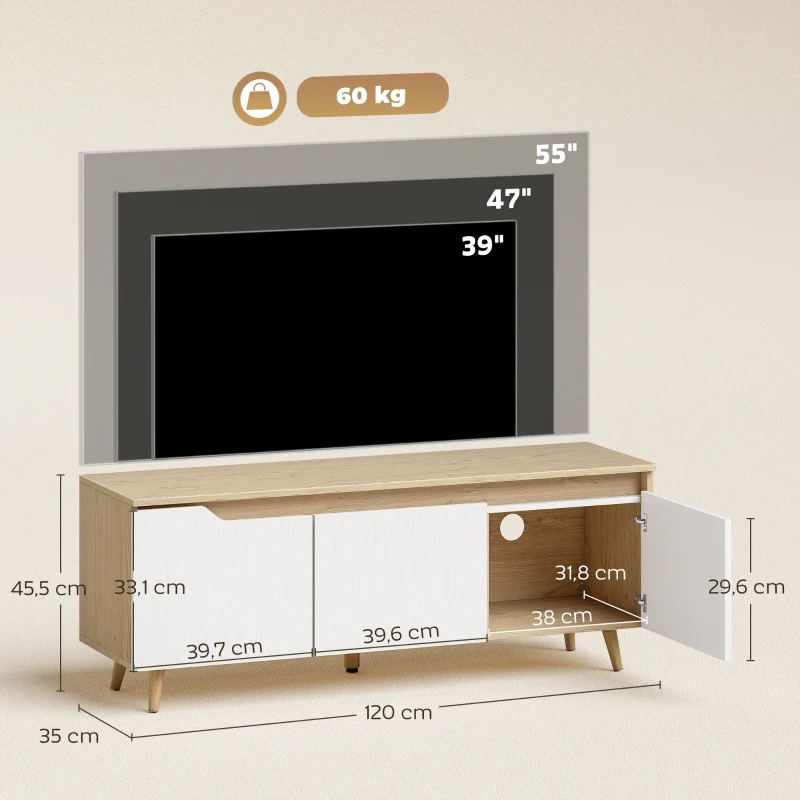 HOMCOM Móvel TV 120 cm para Televisor até 140 cm com 3 Portas Prateleira Ajustável Carvalho e Branco