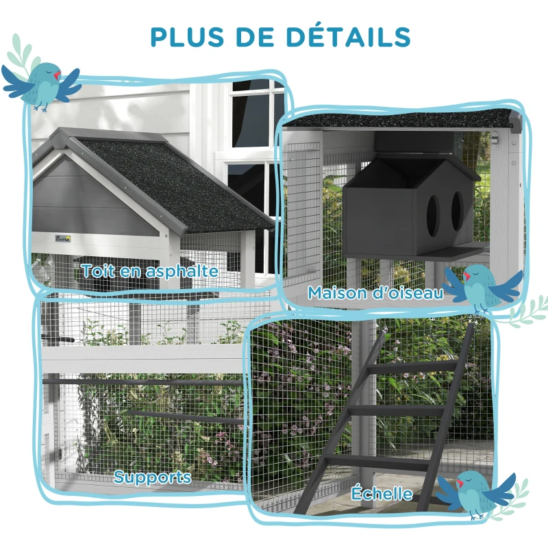 PawHut Cage à oiseaux en bois cage perroquet aire de jeux toit asphalte imperméable 92 x 52 x 171 cm gris