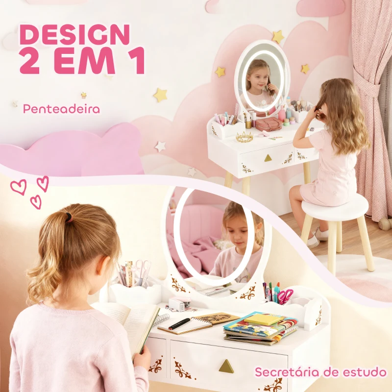 AIYAPLAY Tocador de Maquilhagem com Luzes LED de 3 Cores  Banco Espelho 2 Gavetas 2 Caixas de Armazenamento 60x30x99,3 cm Branco