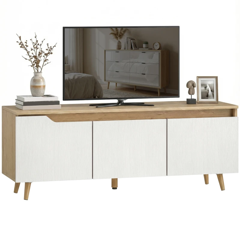 HOMCOM Mesa de TV para Salón con 3 Puertas para Televisión de 55 Pulgadas Estilo Moderno 120x35x45,5 cm Roble y Blanco