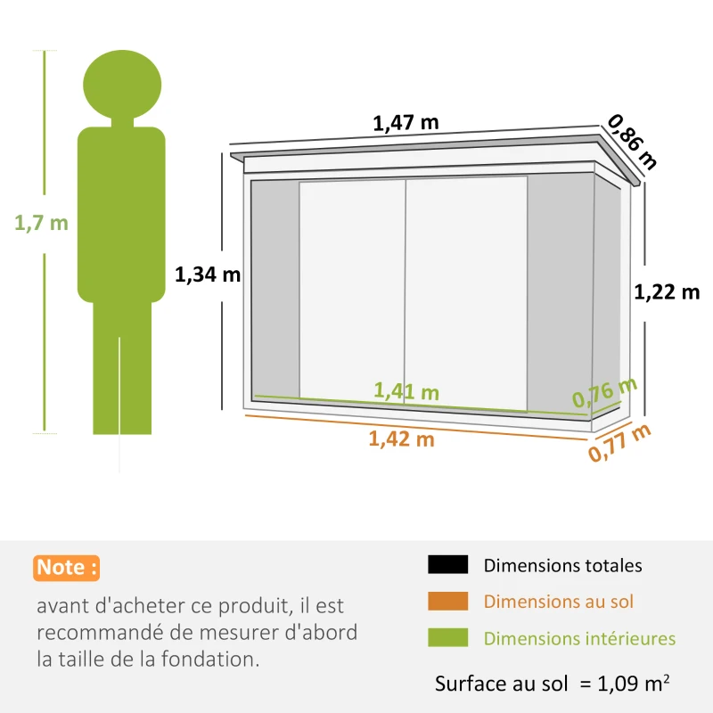 Outsunny Abri de Jardin cabane de jardin 1,09 m² 2 Portes verrouillables 147 x 86 x 134 cm tôle d'acier Gris clair Blanc