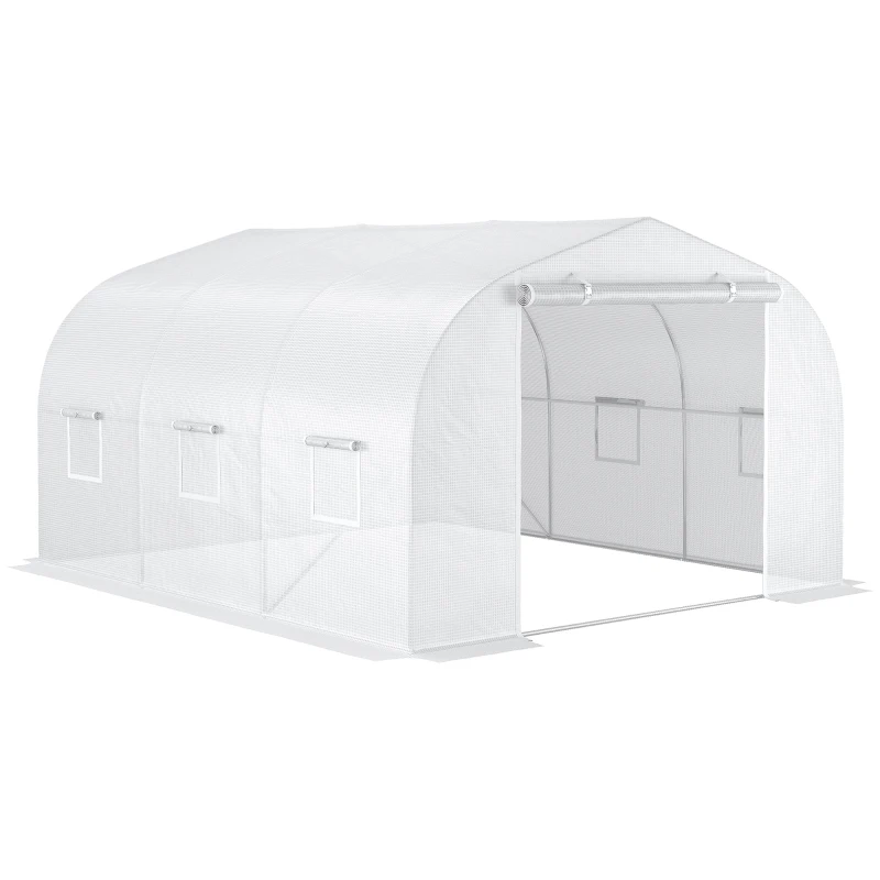 Outsunny Serre de jardin serre tunnel de Jardin dim. 3,5L x 3l x 2H m Porte + 6 fenêtres enroulables Acier galvanisé bâche PE Haute densité Blanc