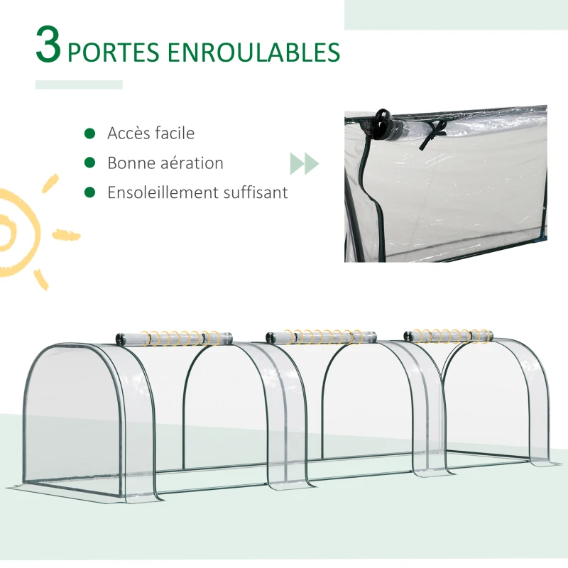 Outsunny Mini Serre de Jardin mini serre tunnel serre à tomates 3,5L x 1l x 0,8H m Acier PVC Haute densité Anti-UV 3 fenêtres avec Zip enroulables Vert et Transparent