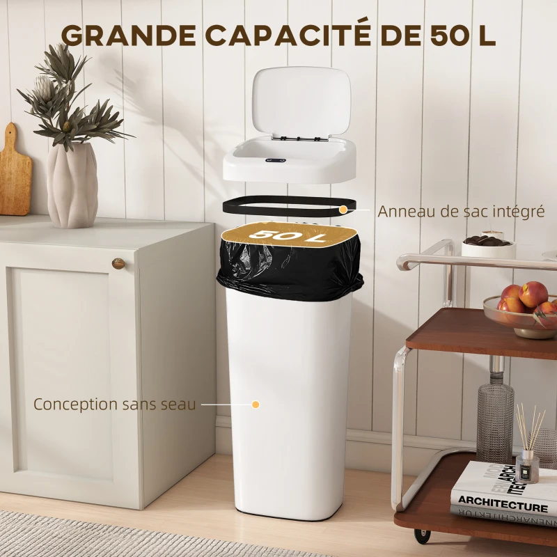 HOMCOM Poubelle cuisine automatique 50L en acier inoxydable, poubelle à capteur de mouvement sans contact, 33x25x84cm, blanc