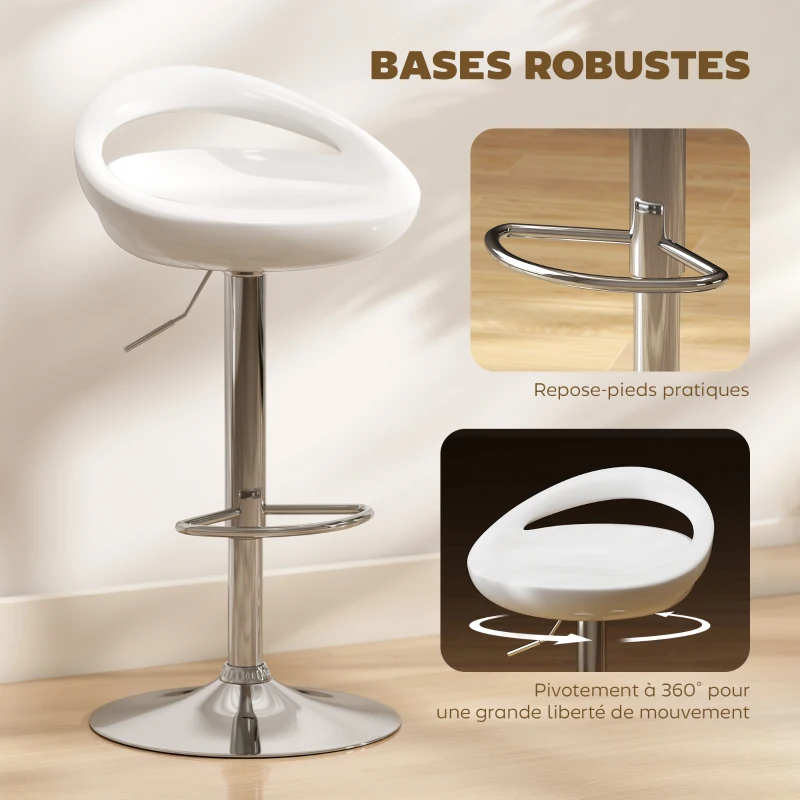 HOMCOM Lot de 2 tabourets de bar chaises de bar hauteur réglable dossier et repose-pieds pivotant à 360° 46x41x76-96cm blanc