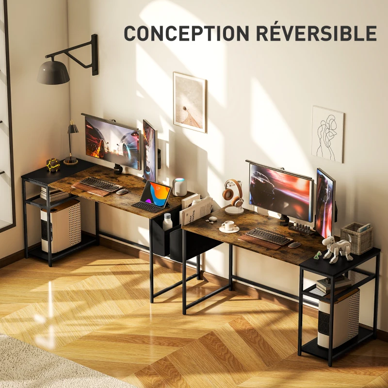 HOMCOM Bureau d'ordinateur 150 x 60 cm avec étagères de rangement réversibles et sac en tissu, pour petits espaces, marron