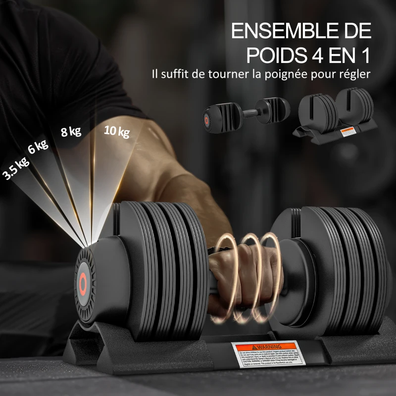 SPORTNOW Haltère réglable poid 3,5kg 6kg 8kg 10kg plateau et poignée antidérapante équipement de fitness pour la maison noir