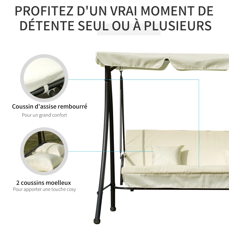 Outsunny Balancelle de Jardin Convertible 3 Places Grand Confort Inclinaison Toit réglable Matelas et Coussins fournis 2L x 1,25l x 1,7H m métal Polyester Noir et crème