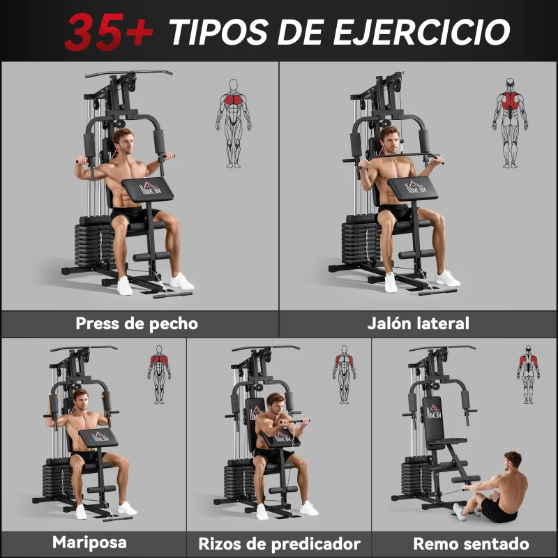 HOMCOM Máquina de Musculación con Pesas Ajustables de 45 kg Prensa de Pecho y Piernas Polea 135x103x210 cm Negro