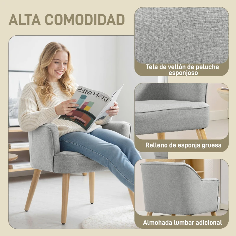 HOMCOM Butaca de Salón Moderna Sillón Tapizado en Lino Sintético Patas de Madera para Dormitorio Oficina 64,5x65x79,5 cm Crema