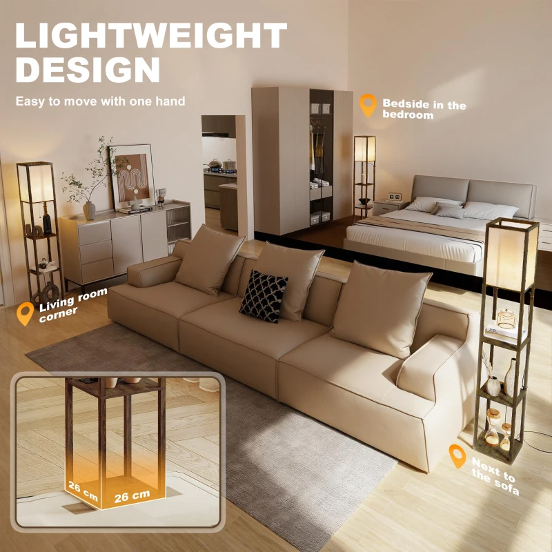 HOMCOM Stehlampe mit Ablagen, Einstellbares Licht, Fußschalter und USB-Anschlüsse, Braun