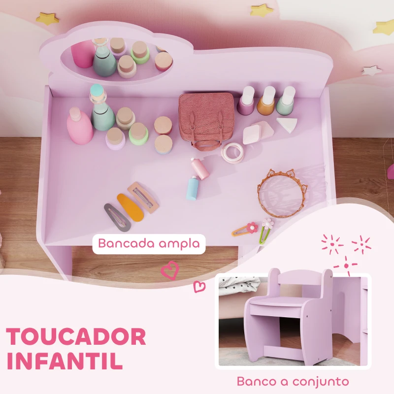 AIYAPLAY Toucador para Crianças com Banco e Espelho em Forma de Flor com Compartimentos Abertos 70x39x92,5 cm Roxo