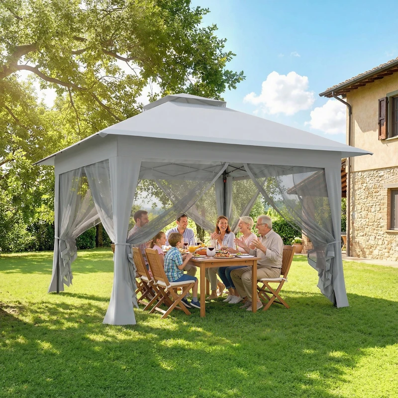 Outsunny 3.6 x 3.6 m Pop-Up Gazebo with Netting and Carry Bag - Height Adjustable Party Tent, Instant Canopy Sun Shade Shelter, Grey