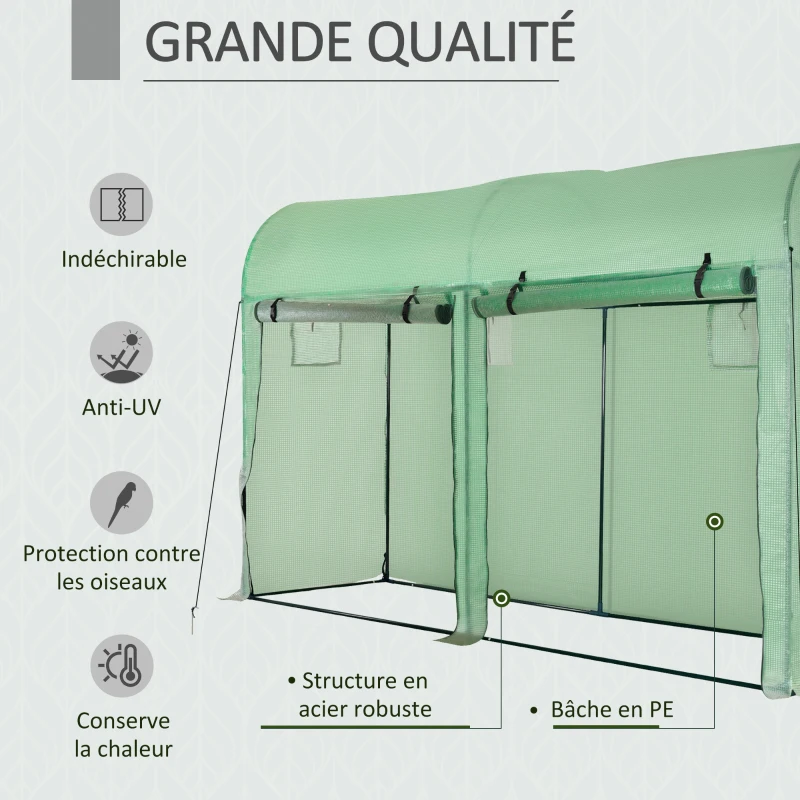 Outsunny Serre de jardin 3 m² en PE, serre d'extérieur avec bâche renforcée 140 g/m² Anti-UV, châssis en acier, 2 portes zippées déroulantes et 4 fenêtres enroulables, 3 x 1 x 2 m, vert