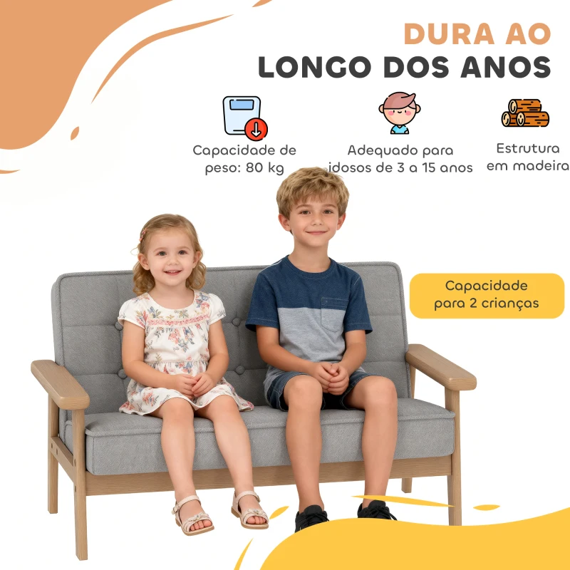 AIYAPLAY Sofá para Crianças de 2 Lugares Poltrona Infantil com Estrutura de Madeira Assento e Encosto Acolchoados 77x42x48 cm Cinzento