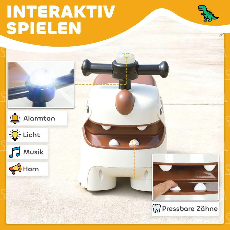 AIYAPLAY jeździk, design dinozaura, kierownica, światła, dźwięki, 4 koła, kremowo-biały+brązowy