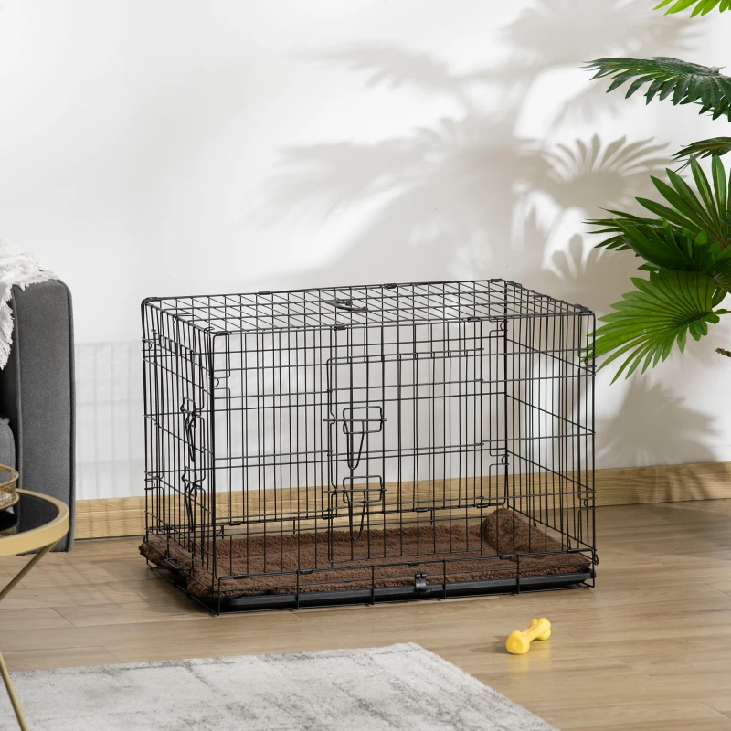 PawHut Cage de transport pliante pour chien poignée, plateau amovible, coussin fourni 76L x 46l x 53H cm noir