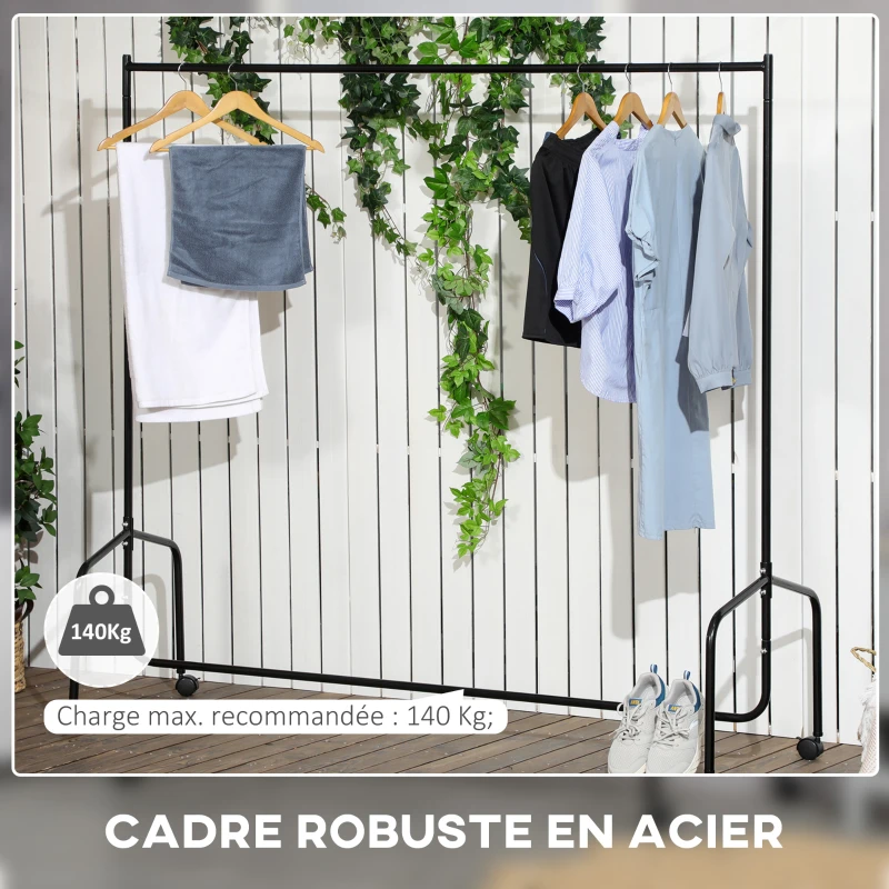 HOMCOM Portant à Vêtements avec Roulettes Tringle a Vêtement solide Charge 140 Kg 180 x 60 x 170 cm Porte-Manteau en acier noir
