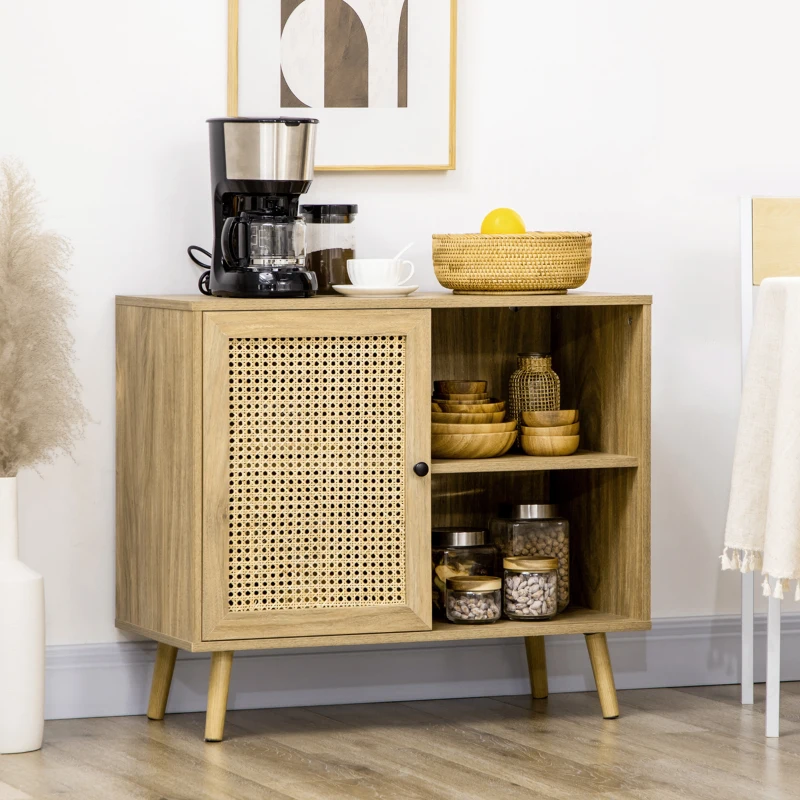 HOMCOM Meuble de rangement buffet 1 porte cannage effet bois - dim. 80L x 39l x 70H cm