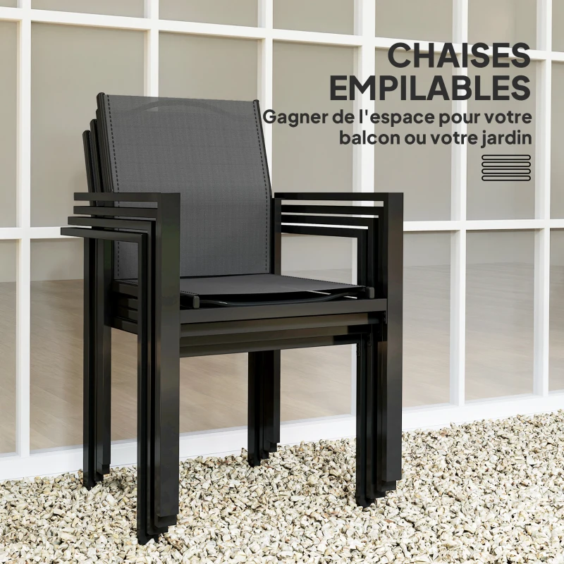 Outsunny Table de jardin extérieure avec 4 chaises empilables, plateau en verre trempé 140 cm, noir
