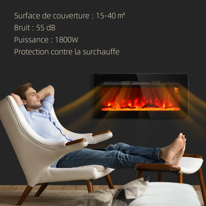 HOMCOM Cheminée électrique 1800 W avec effet flamme en LED 3 couleurs et 5 luminosités, montage mural/encastrable
