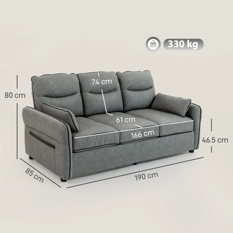 HOMCOM 3 Seater Sofa, Faux Leather Couch - Grey