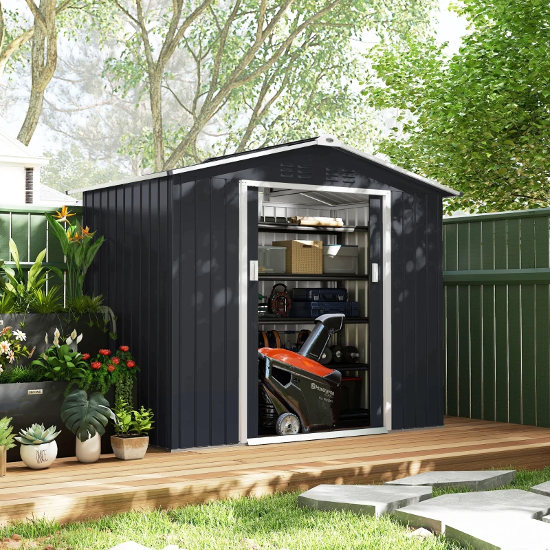 Outsunny Abri de jardin en métal 2,77 m² cabane de jardin 213 x 130 x 185 cm avec fondation, porte coulissante gris foncé