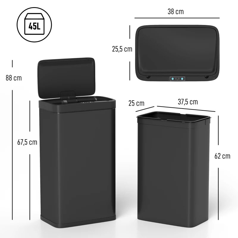 HOMCOM Cubo de Basura Cocina Automático 45 L con Sensor Infrarrojo Cierre Suave y Cubo Interior Extraíble Antihuellas Negro