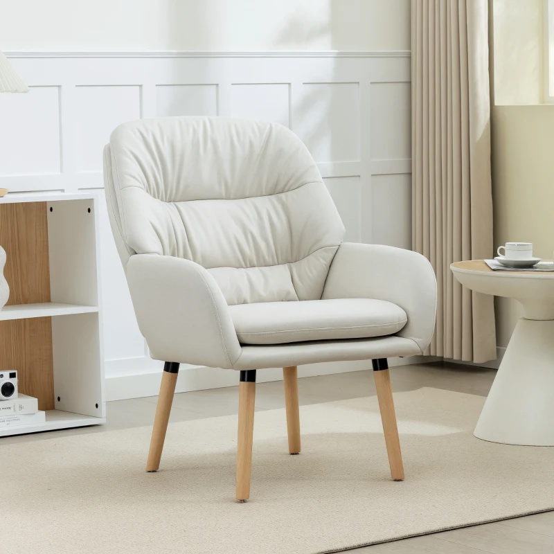 HOMCOM Sillón de Salón Moderno Acolchado de Doble Capa Tapizado en Cuero Sintético Patas de Madera 68x74x89 cm Crema