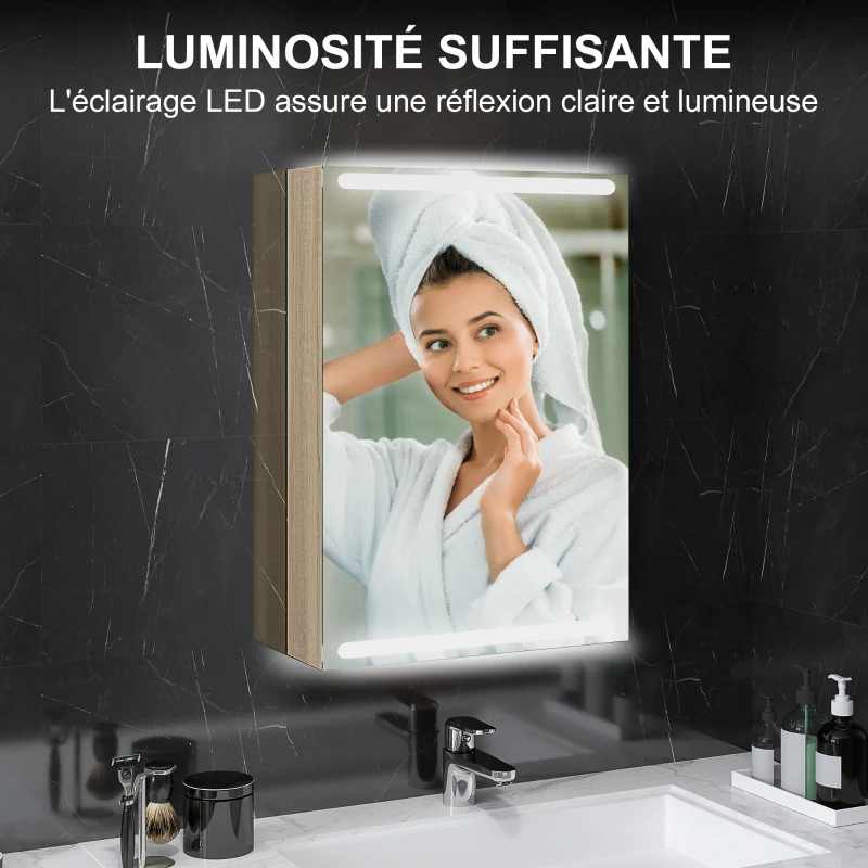 HOMCOM Armoire murale meuble salle de bain avec miroir, éclairage LED et étagères en verre réglables 50x12,5x70cm, bois naturel