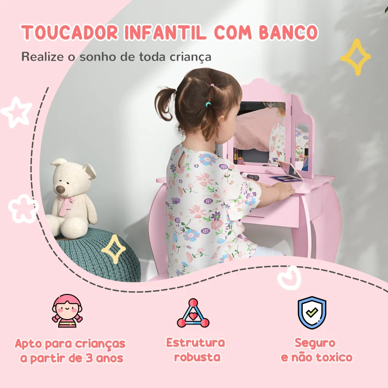 HOMCOM Toucador Infantil de Madeira com Banco e Espelho de Acrílico de 2 Seções Mesa de Maquilhagem Infantil 63x40x85,5 cm Rosa