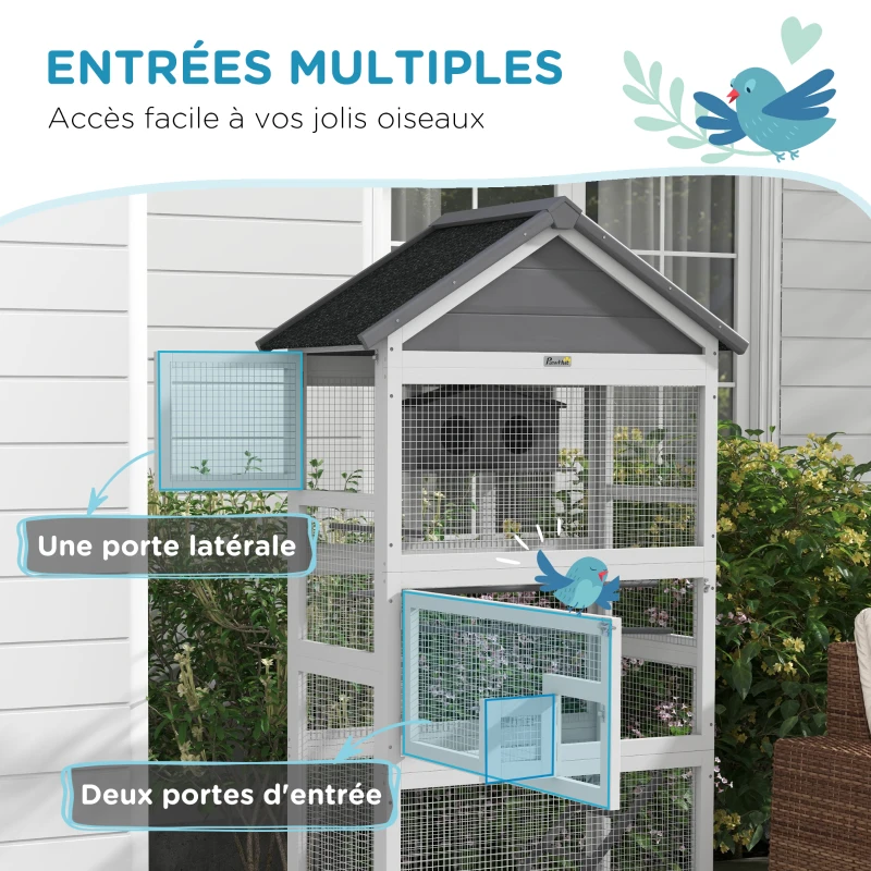 PawHut Cage à oiseaux en bois cage perroquet aire de jeux toit asphalte imperméable 92 x 52 x 171 cm gris
