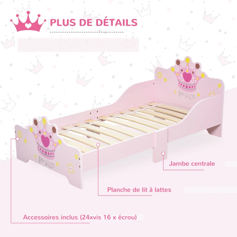 HOMCOM Lit Enfant 140 x 70 cm - lit d'enfant Design Princesse Motif Couronne - sommier à Lattes Inclus - MDF Contre-plaqué Rose